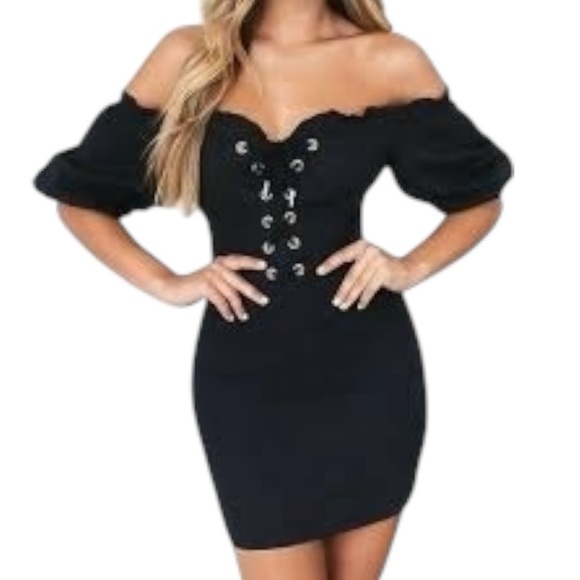 I.AM.GIA Black Mini Lace Up Puff Sleeve Off Shoulder Dress Sz M Party Club Ayla - Picture 1 of 12